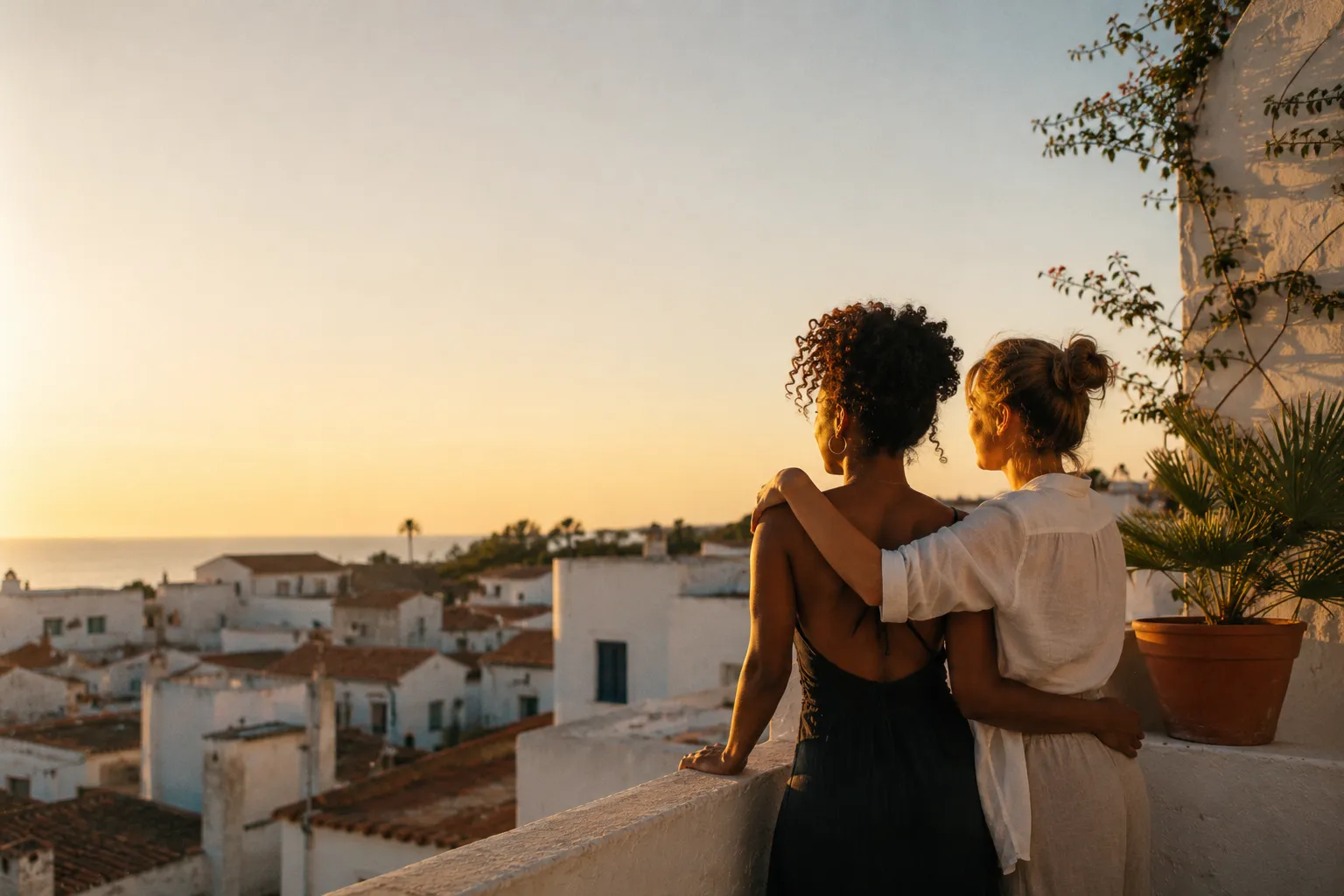 A same-sex couple embracing on a sun-drenched terrace overlooking whitewashed Spanish rooftops and the sea at golden hour