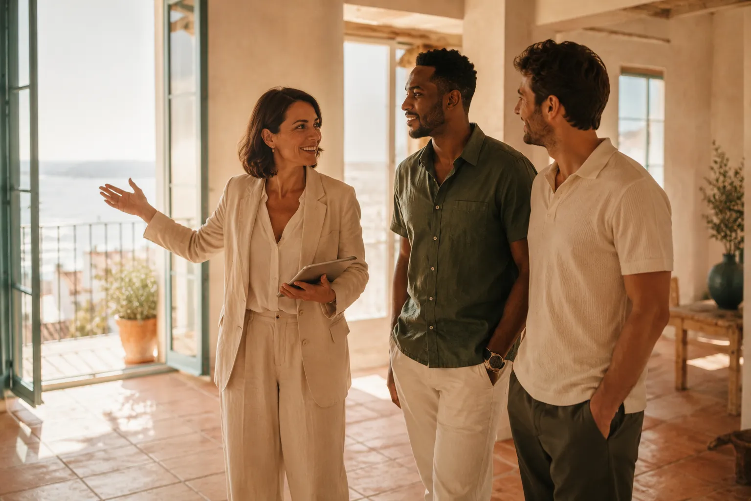 Profesionales inmobiliarios LGTBQ+ diversos conversando en una oficina española luminosa