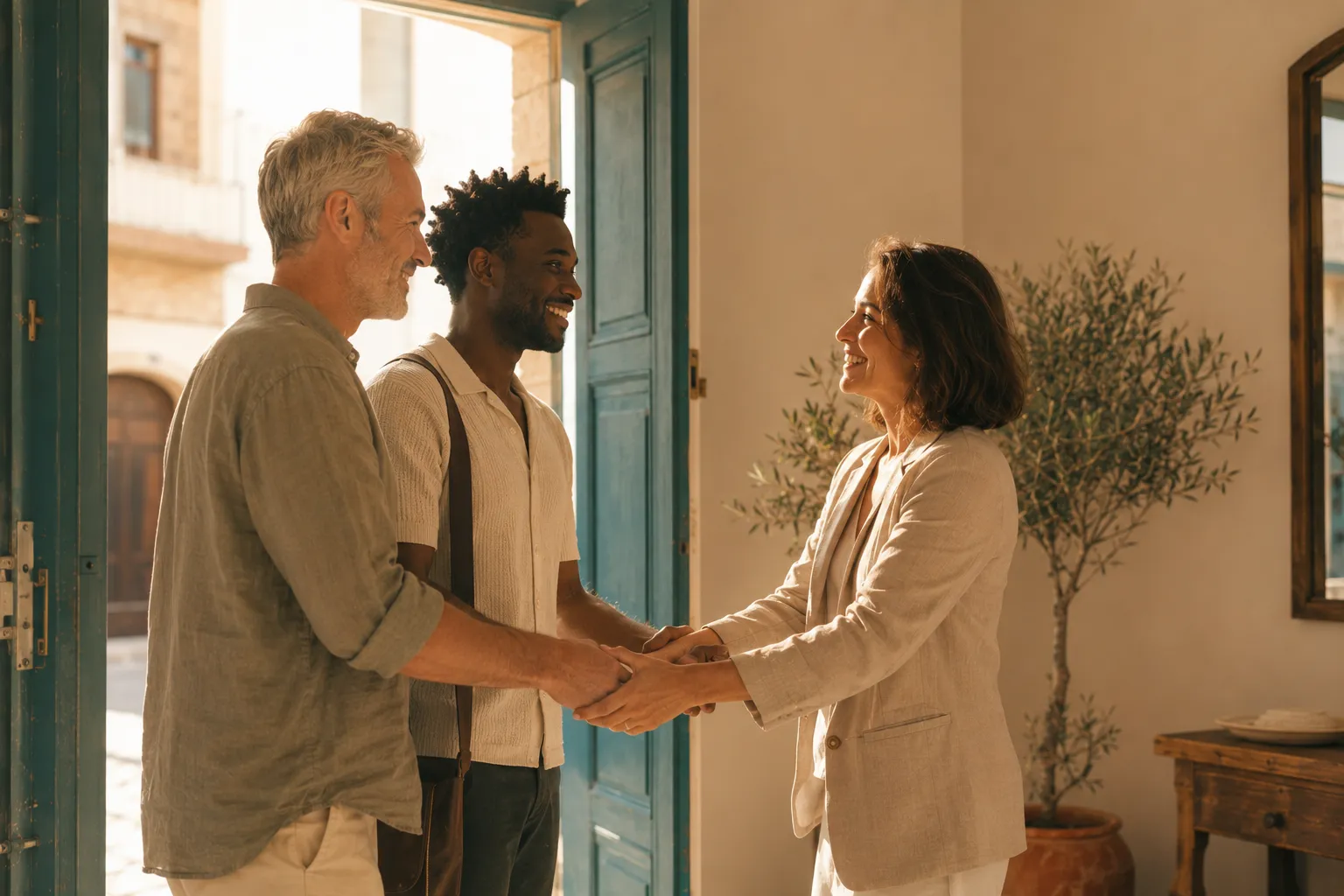 Bienvenida cálida y apretón de manos entre un agente inclusivo y una pareja en la puerta de una casa española soleada
